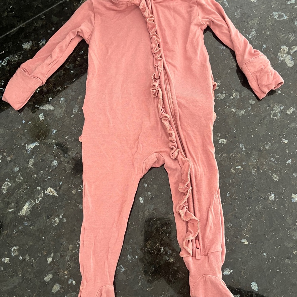 Posh Peanut Dusty Rose Ruffle Zip Footed One-Piece